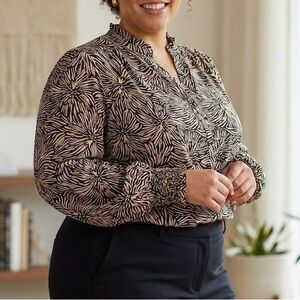 Dex Dark Floral Ruffle Neck Blouse Black Tan Botanical Top Quite Luxury Chic